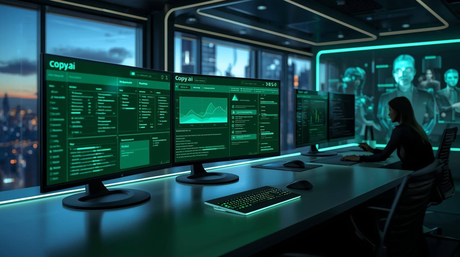 Copy.ai dashboard glowing Futuristic workspace with glowing monitors.