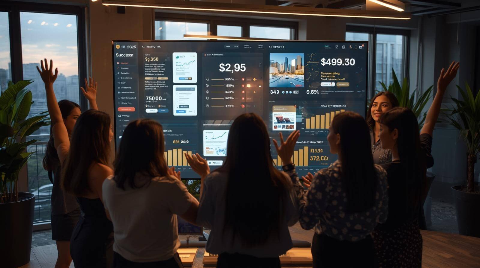 Copy.ai in 2026, metrics, Group celebrating data on large screen.