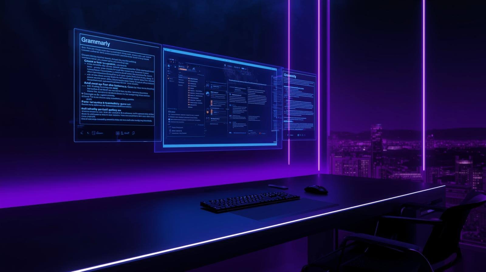 Futuristic 2026 High-tech workspace with neon accents