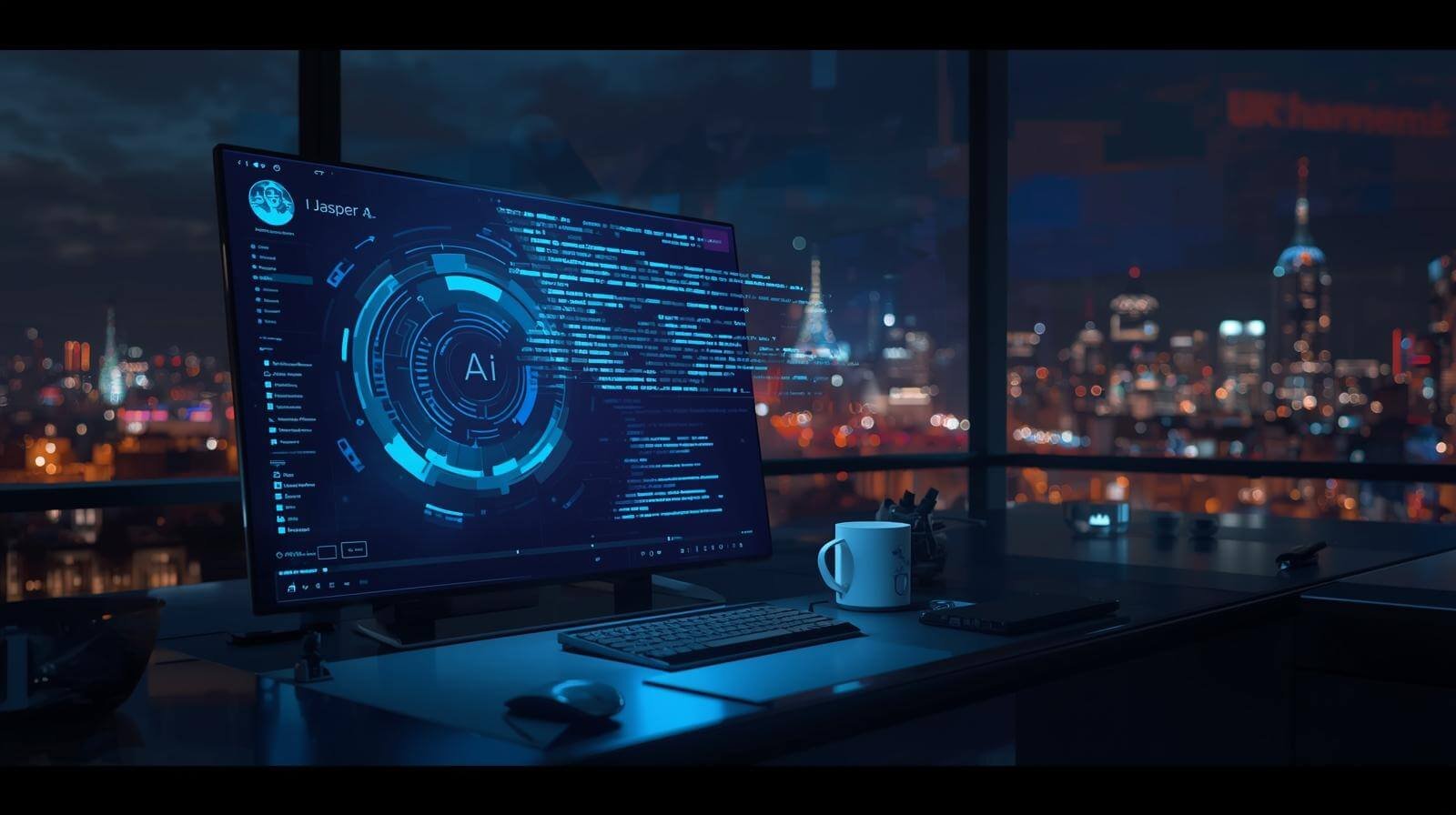 High-tech workspace with city skyline