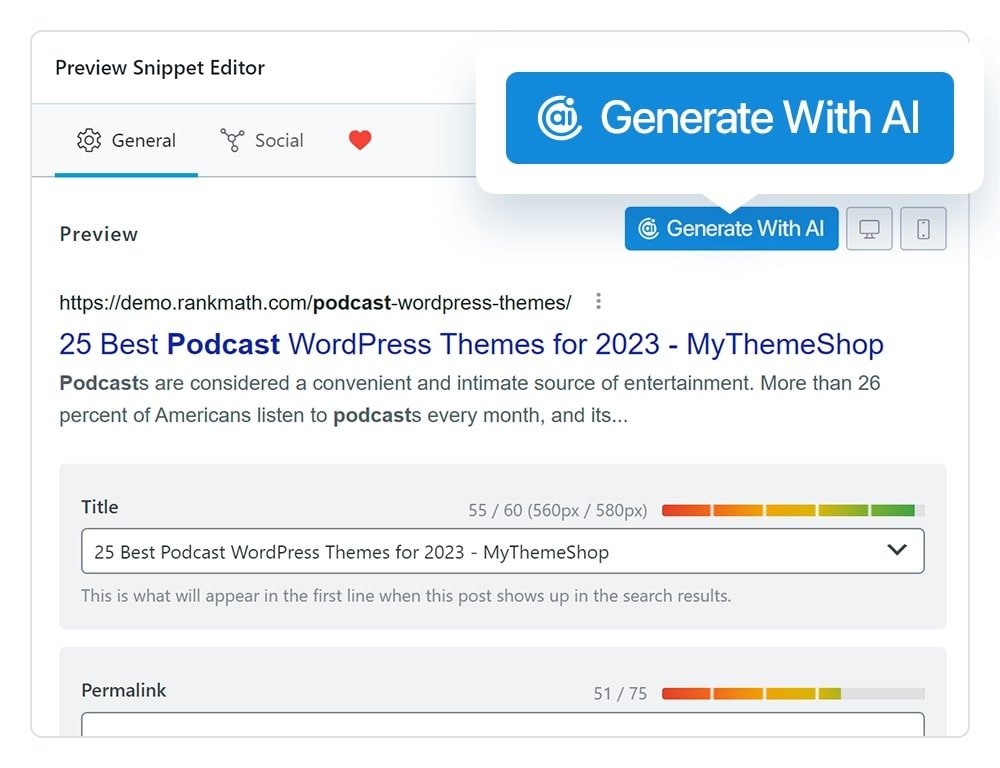 Rank Math Content AI generating SEO meta & Open Graph 2026
