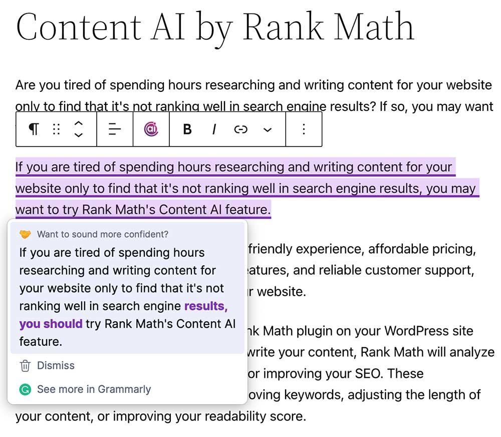 Rank Math Content AI Grammarly-style suggestions 2026