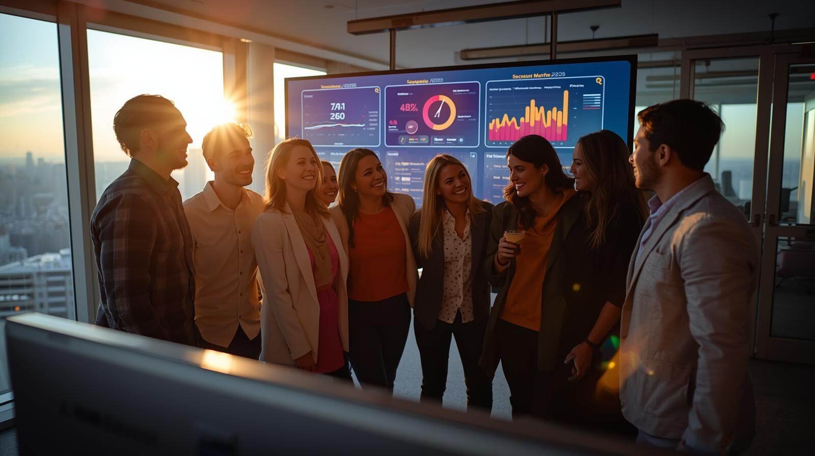 Group discussing data in office setting.