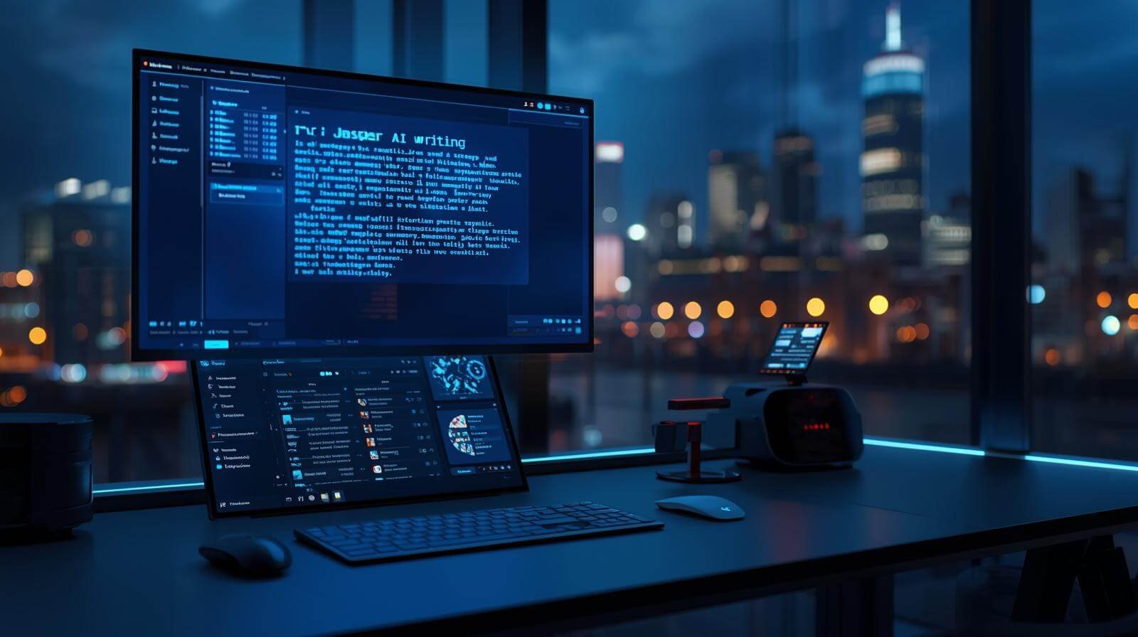 Futuristic workspace with city skyline